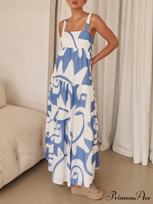 Bohemian Geometric Stylish Print Maxi Dress Blue / S