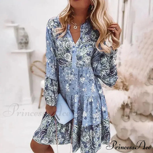 Bohemian Informal V-neck Relaxed A-line Floral Beach Party Dress Blue / S oldfloraldress-250126
