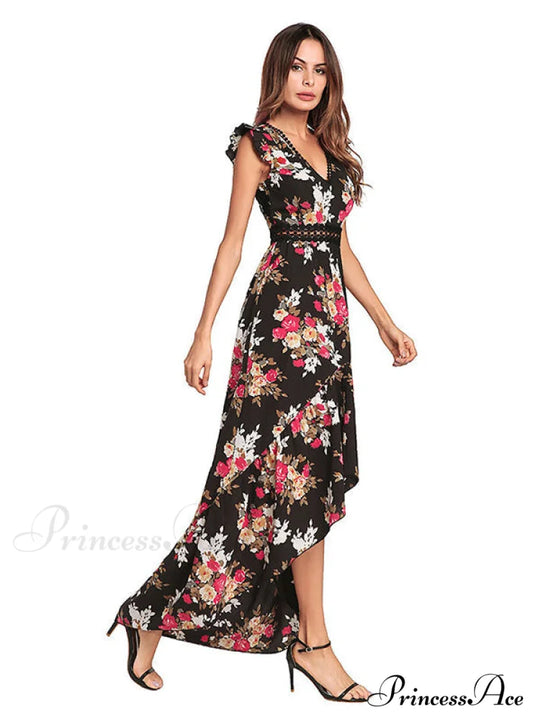 Bohemian Irregular Flowered Design V-Neck Dress S / Black