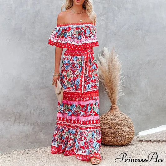 Bohemian Off-The-Shoulder Frilly Flower Pattern Long Floral Dress Red / S floraldress-250126