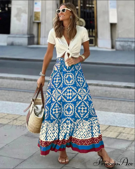 Bohemian Pattern High Waist Maxi Skirt Informal Baggy Summer Skirt SKY BLUE / S skirt-250126