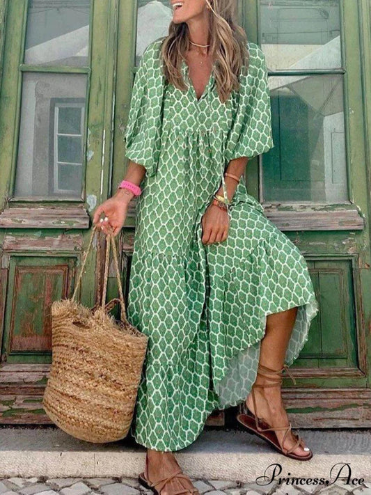 Bohemian Printed Stylish Maxi Dress Light Green / S