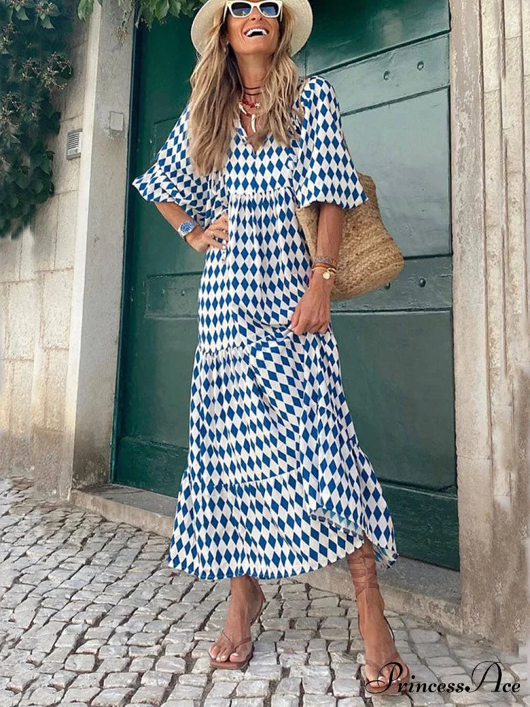 Bohemian Printed Stylish Maxi Dress Sky Blue / S