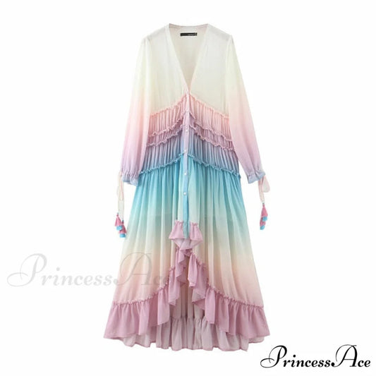 Bohemian Printing Gradient Elegant Maxi Dress brown / S