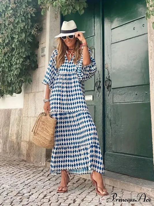 Bohemian Puff Gown Loose Coastal - Full-Length Arm Long Blue