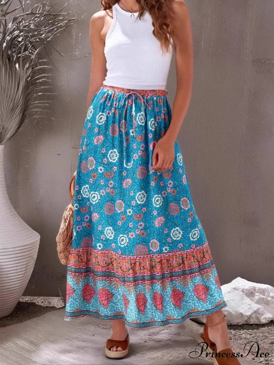 Bohemian Retro Flower Fringe Beach Bohemian High Waist Maxi Skirt Blue / S skirt-250126