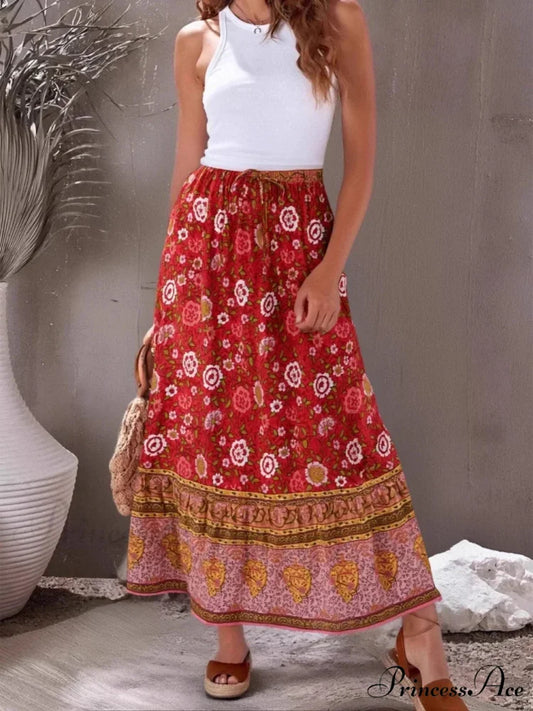 Bohemian Retro Flower Fringe Beach Bohemian High Waist Maxi Skirt Red / S skirt-250126