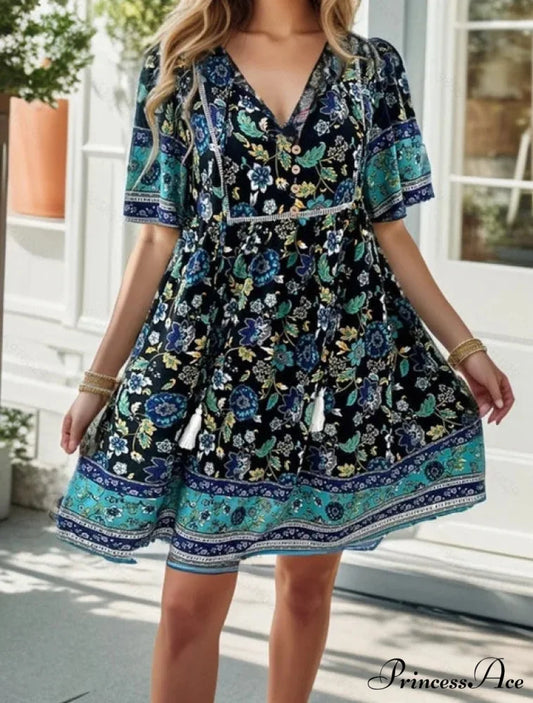 Bohemian Seaside Flower Pattern Short Flower Dress Black / S oldfloraldress-250126