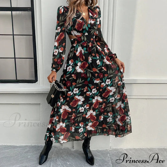 Bohemian Seaside Plunging Neckline Full Length Dress Black / S bohodress-250126