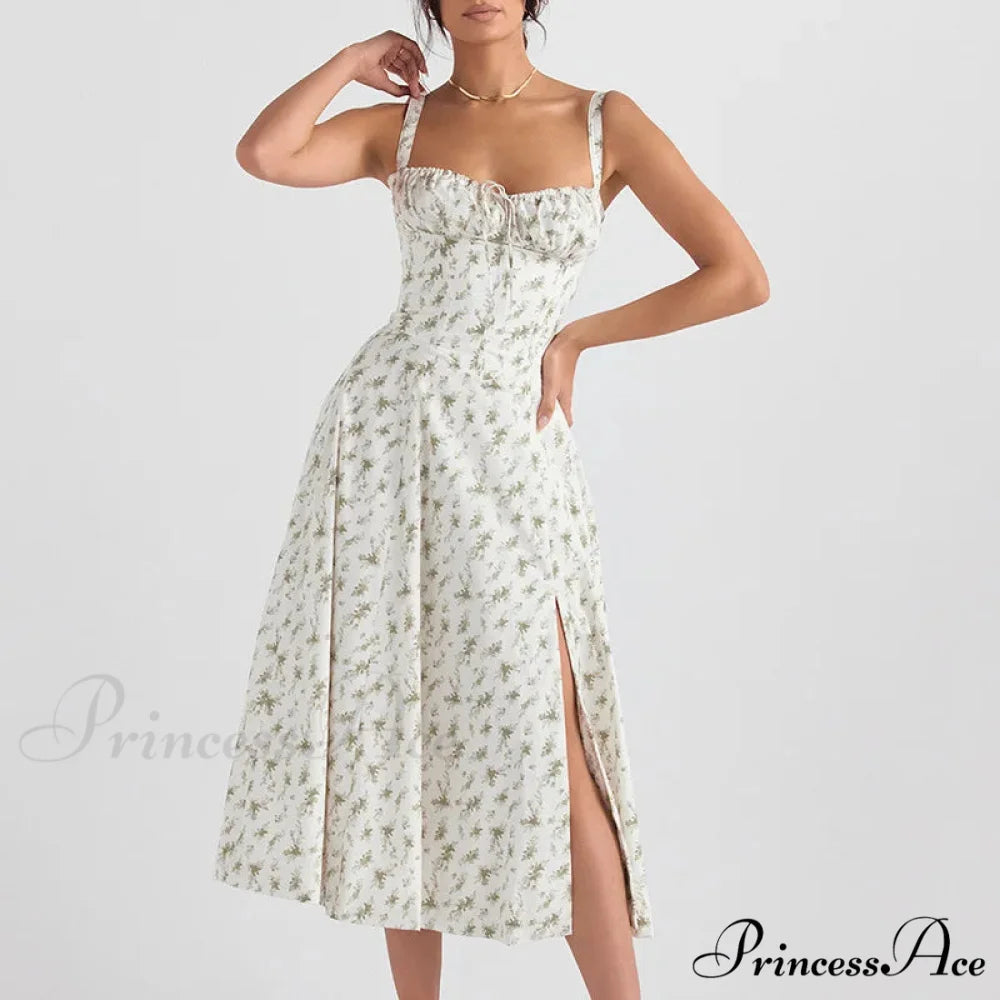 Bohemian Spaghetti Straps Knot Front Floral Dress Green Floral / S