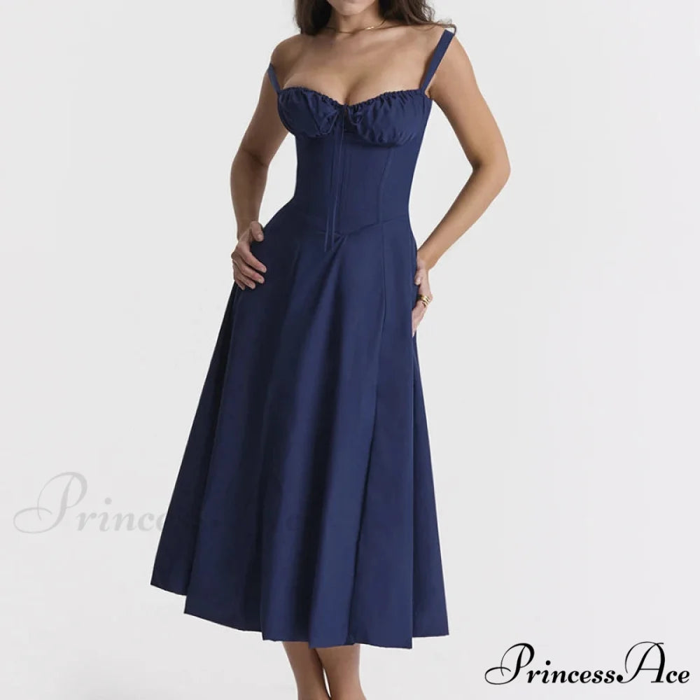 Bohemian Spaghetti Straps Knot Front Floral Dress Navy blue / S
