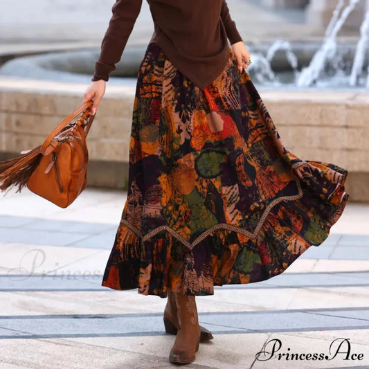 Bohemian Style Long Skirts Artwork Printing Pattern Romantic Antique A-line Mixed color / M skirt-250126