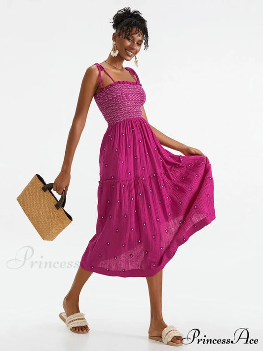 Bohemian Summer Bloom Embroidery Tie-Up Shoulder Shirred A-Line Beach Dress PINK1 / S floraldress-250126
