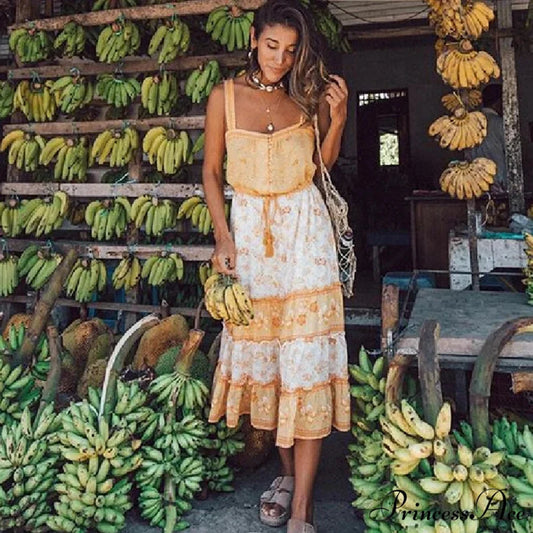 Bohemian Sundress Seductive Sleeveless Strap Rayon Floral Beach Dress Orange / S bohodress-250126