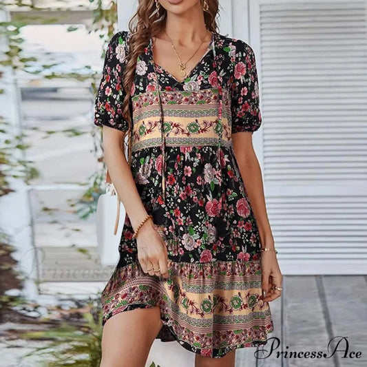 Bohemian Tie-up V Neck Floral Print Relaxed Dress Black / M oldfloraldress-250126