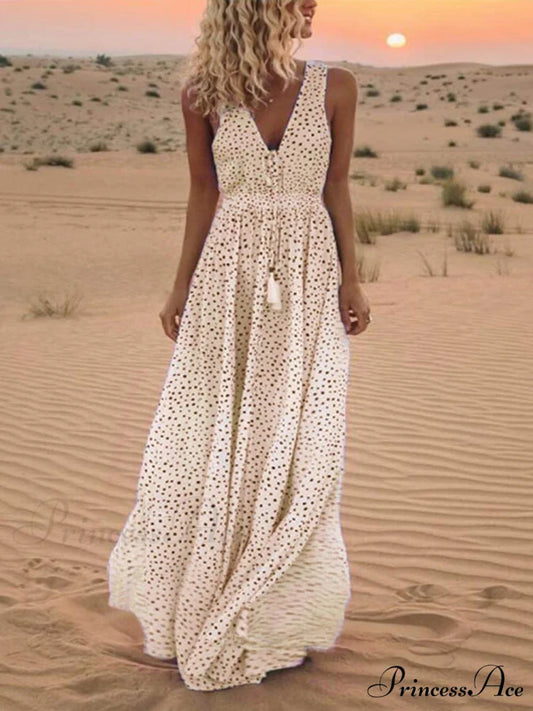 Bohemian V-Neck Sleeveless Charming Polka-Dot Maxi Skirt Beige / S