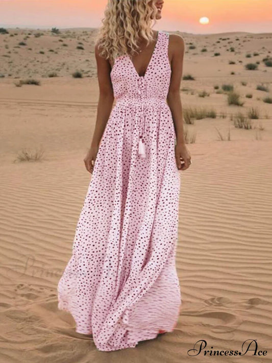 Bohemian V-Neck Sleeveless Charming Polka-Dot Maxi Skirt Pink / S