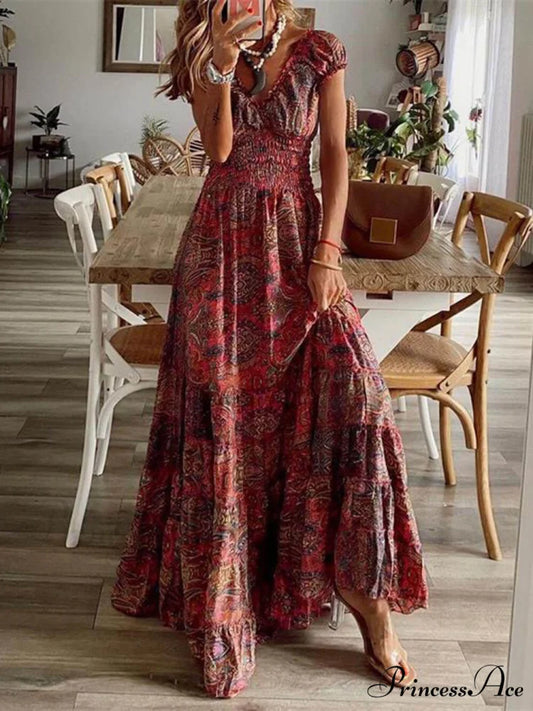 Bohemian Waisted Stylish Floral Print Dress Wine Red / S