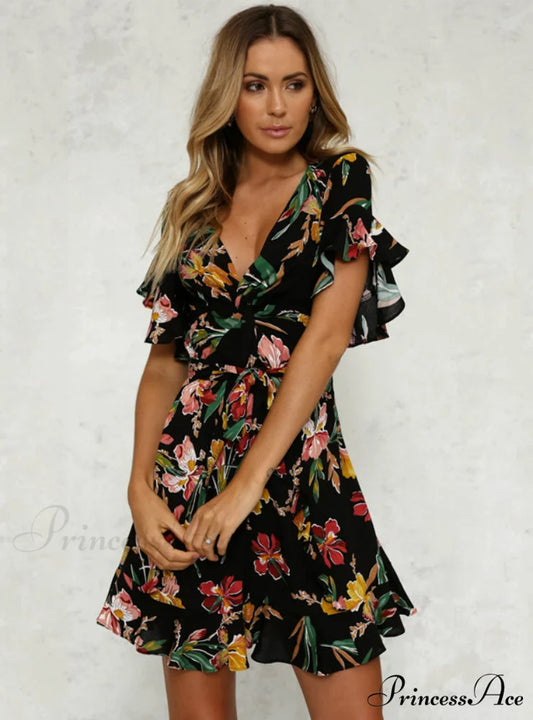 Bohemian with Design V-Neck Hem Flower Gown and Deep Black Folds