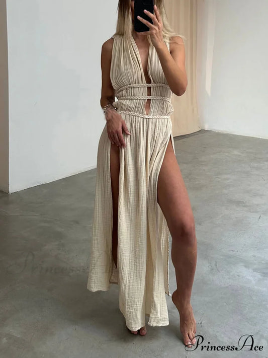 Boho Braids Belt Cutout Graceful Slit Kaftan Maxi Dress Beige / S