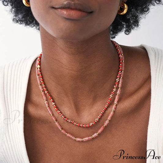 Boho Enamel Bead Embellished Modern Choker Necklace - Lake Green One Size / Red