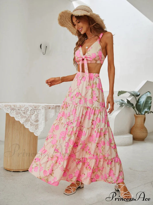 Boho Floral Print Skirt Set with V Neck Crop Top and High Waist Long Skirt for Summer