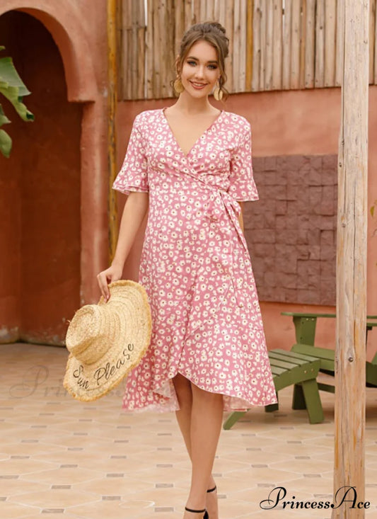 Boho Floral Print Vintage Midi Dress with Ruffle Sleeves for Women S / PINK