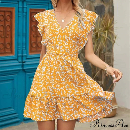 Boho Floral Ruffle Short Mini Dress yellow / S