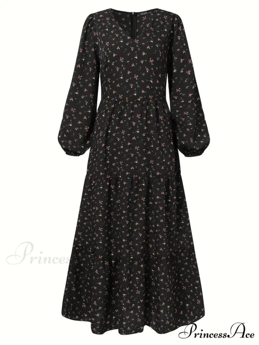 Boho Lantern Sleeve V Neck Tiered Floral Print Maxi Dress