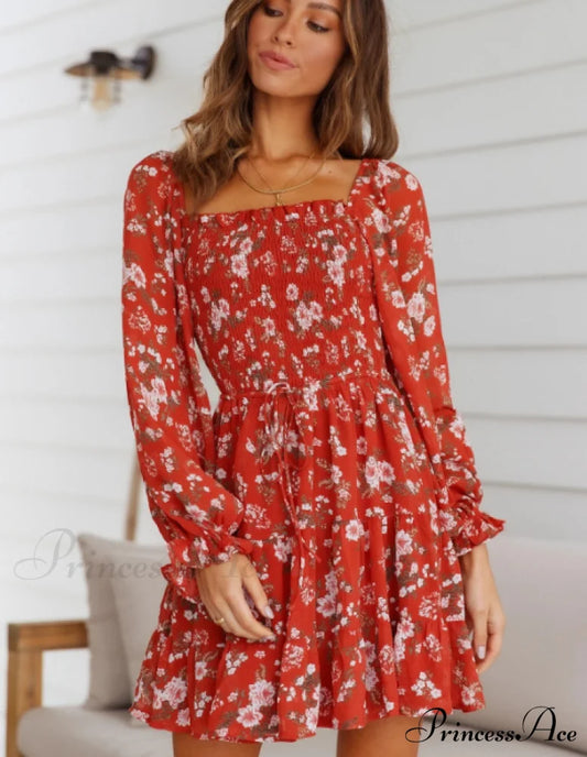 Boho Square Collar Short Dress Vintage Beach Dress with Long Lantern Sleeves S / RED