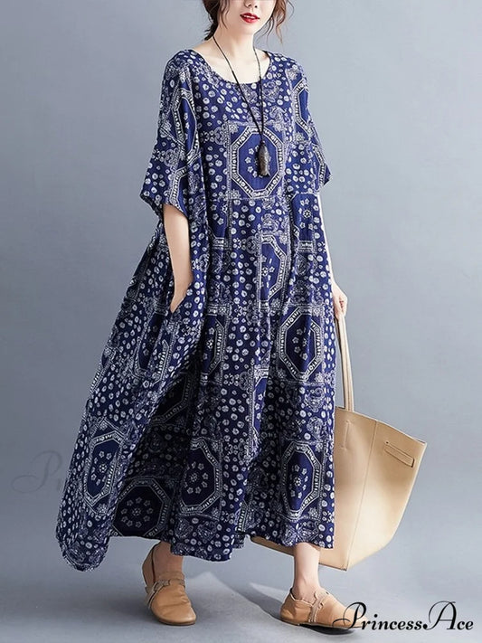 Boho Swing House Dress with Pockets in Blue Print