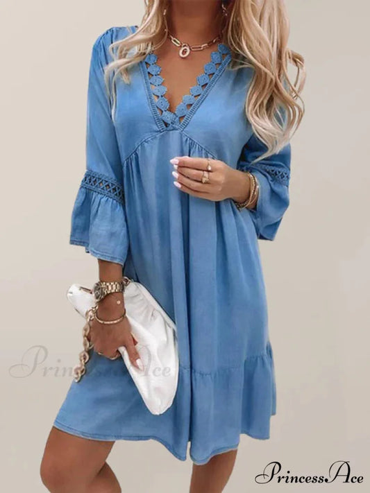 Boho Tunic Swing Dress with 3/4 Sleeves and V Neck S / Brown