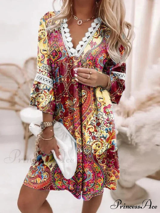 Boho Tunic Swing Dress with 3/4 Sleeves and V Neck S / Pink