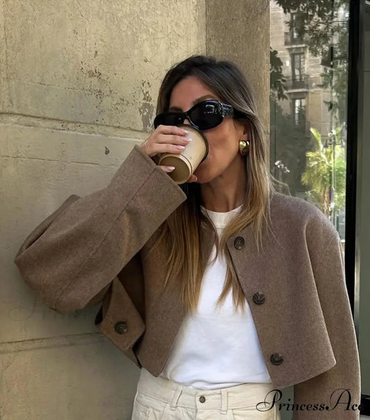 Bomber Demi-season Round Neck Buttoned Cropped Casual Autumn Chic Stylish Coat Beige / S