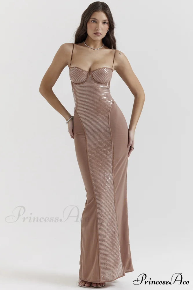 Bonita Brown Stylish Sequined Maxi Dress XS / Brown