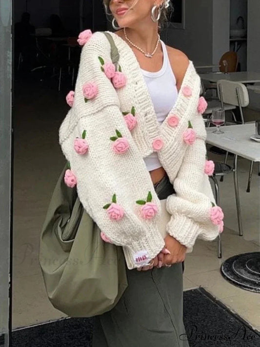 Botanical Button Closure Knit Cardigan Pink / S cardigans-241228