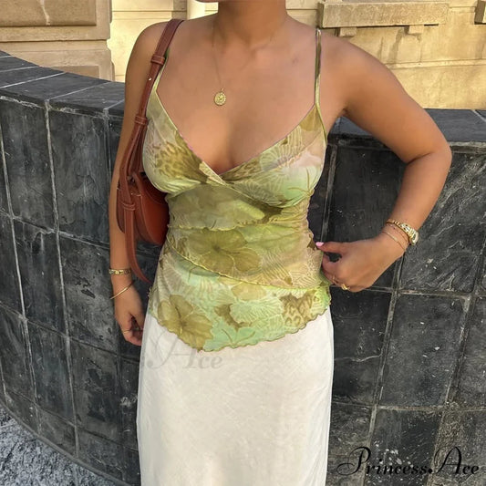 Botanical Net Spaghetti Crop Top green / S croptop-250223