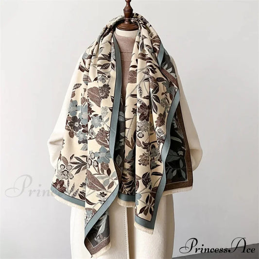 Botanical Pashmina Winter Cashmere Scarf green scarf-241228