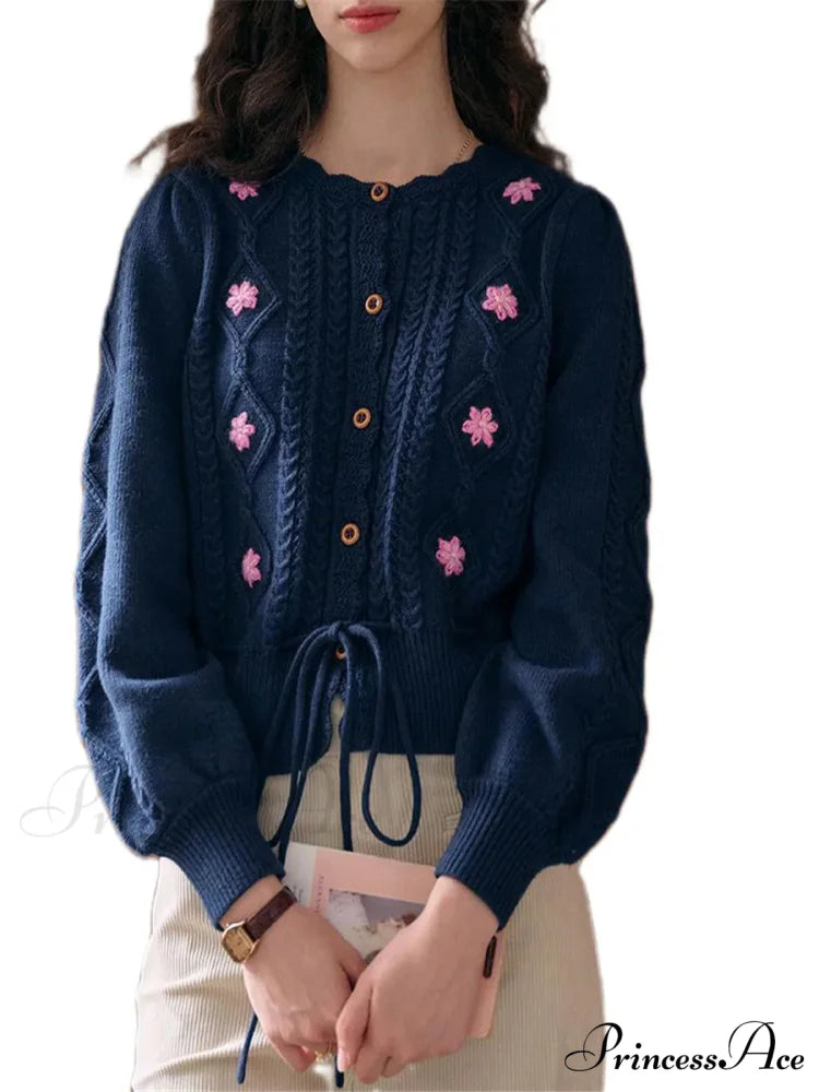 Botanical Stitching Circular Neck Button Cardigan cardigans-241228