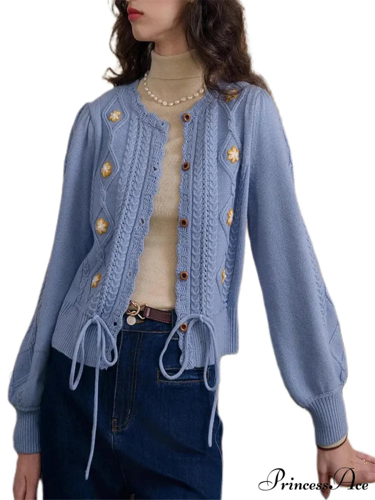 Botanical Stitching Circular Neck Button Cardigan cardigans-241228