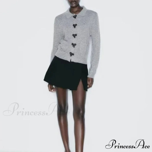 Bow Button Lapel Cardigan Grey / S