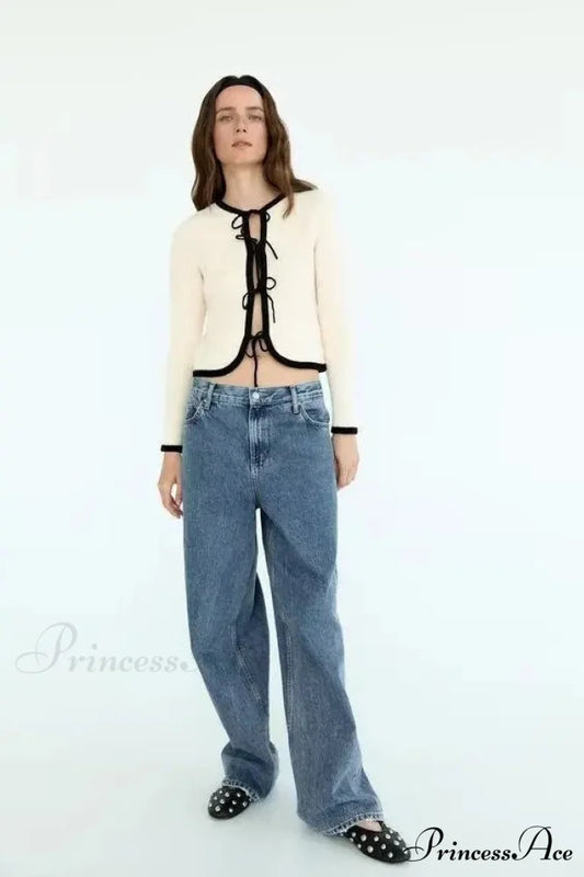 Bow Cravat Plunging Neckline Long Sleeve Cardigan cardigans-241228