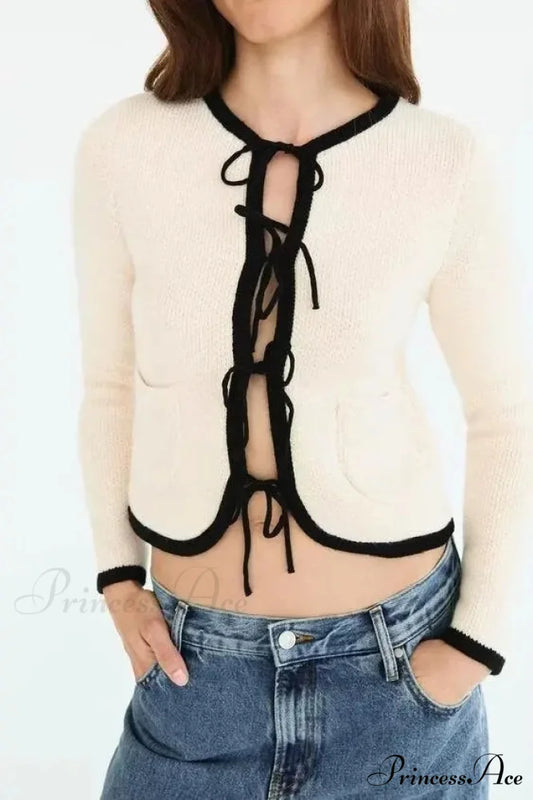 Bow Cravat Plunging Neckline Long Sleeve Cardigan WHITE / S cardigans-241228