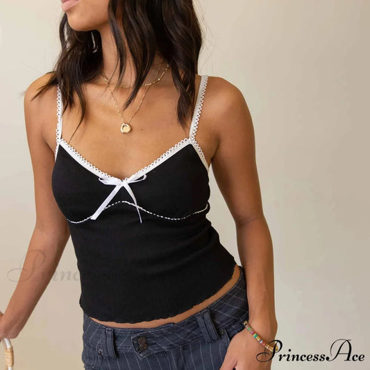 Bow Deep V-Neck Spaghetti Crop Top black / S croptop-250223
