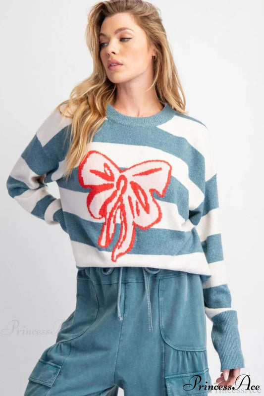 Bow Detail Jacquard Crewneck Long Sleeve Sweater