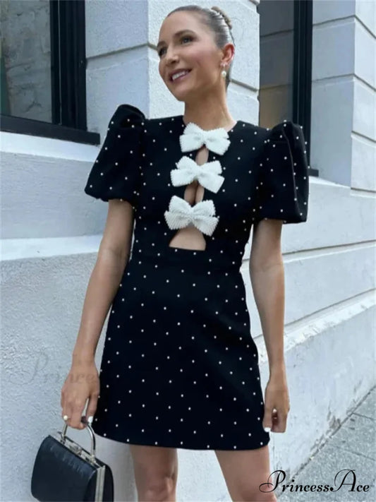 Bow Hollow-Out Patchwork Petite Dress White Bow / S minidress-250223