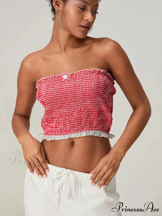 Bow Lace Gathered Sleeveless Open-Back Cropped Bandeau Top croptop-250126