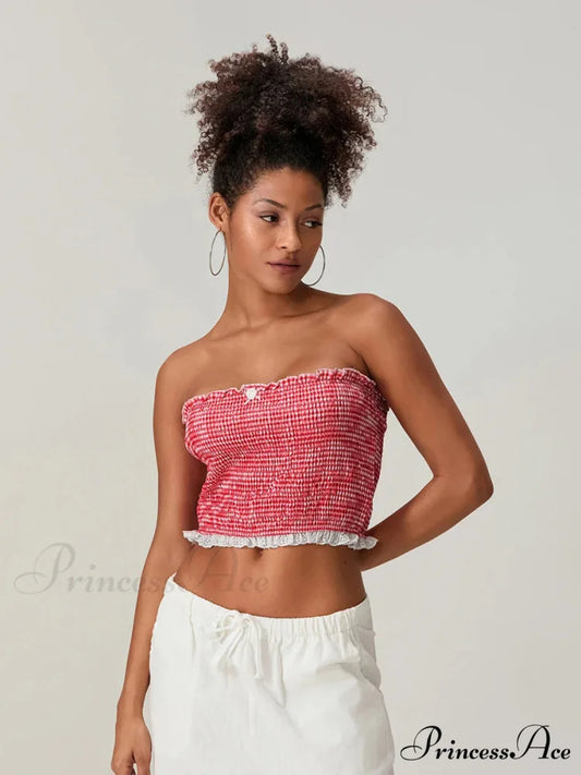 Bow Lace Gathered Sleeveless Open-Back Cropped Bandeau Top Red / S croptop-250126
