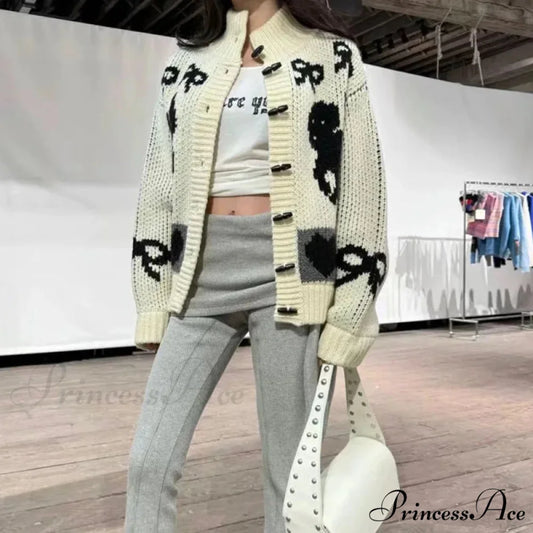 Bow Print Loose O-neck Cardigan White / S
