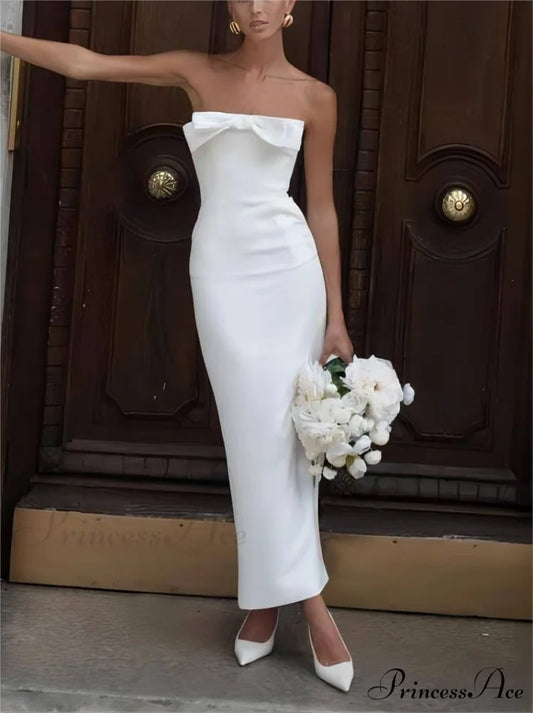 Bow Strapless Stylish Midi Dress White / S